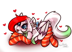 Size: 1828x1332 | Tagged: safe, artist:slynecallisto, oc, oc only, pegasus, pony, clothes, female, flower, flower in hair, heart, heart eyes, simple background, socks, solo, striped socks, tongue out, white background, wingding eyes