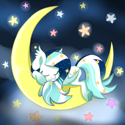 Size: 2000x2000 | Tagged: safe, artist:thelittleone, oc, oc only, oc:wistful galaxy, bat pony, pony, crescent moon, cute, ethereal mane, female, high res, moon, multicolored hair, nap, sleeping, solo, starry mane, stars, tangible heavenly object, transparent moon, ych result