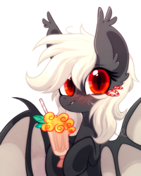 Size: 1788x2236 | Tagged: safe, artist:mirtash, oc, oc only, oc:dusty fang, bat pony, pony, rcf community, blushing, cute, food, lip bite, mango, simple background, smoothie