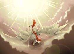 Size: 3956x2887 | Tagged: safe, artist:taiga-blackfield, oc, oc only, dracony, hybrid, pony, cloud, flying, high res, large wings, male, solo, spread wings, sun, wings