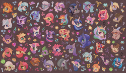Size: 1600x926 | Tagged: safe, artist:phyllismi, apple bloom, applejack, babs seed, big macintosh, bon bon, button mash, coco pommel, derpy hooves, diamond tiara, discord, dj pon-3, doctor whooves, double diamond, fluttershy, granny smith, king sombra, limestone pie, lyra heartstrings, marble pie, maud pie, moondancer, octavia melody, pinkie pie, pound cake, princess cadance, princess celestia, princess flurry heart, princess luna, pumpkin cake, rainbow dash, rarity, scootaloo, shining armor, silver spoon, spike, starlight glimmer, sunburst, sunset shimmer, sweetie belle, sweetie drops, time turner, trixie, twilight sparkle, vinyl scratch, dragon, pony, unicorn, g4, apple bloom's bow, applejack's hat, blushing, bow, bust, cowboy hat, cutie mark, cutie mark crusaders, everypony, female, filly, fire, fire breath, floppy ears, foal, glasses, hair bow, hat, jewelry, looking at you, looking away, male, mane seven, mane six, mare, one eye closed, open mouth, regalia, smiling, stallion, tiled background, wall of tags, wallpaper