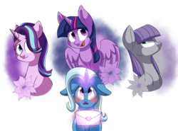 Size: 5220x3854 | Tagged: safe, artist:chub-wub, maud pie, starlight glimmer, trixie, twilight sparkle, alicorn, earth pony, pony, unicorn, g4, absurd resolution, blank expression, blushing, eyebrows, eyebrows visible through hair, eyeshadow, female, flower, frown, glowing horn, group, horn, lesbian, letter, love letter, makeup, mare, open mouth, open smile, partially open wings, purple eyeshadow, quartet, ship:mauxie, ship:startrix, ship:twixie, shipping, simple background, smiling, transparent background, twilight sparkle (alicorn), wings