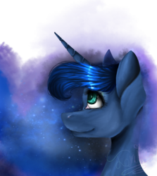 Size: 651x731 | Tagged: safe, artist:shinebluedraws, princess luna, pony, g4, bust, female, looking up, portrait, smiling, solo