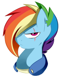 Size: 581x749 | Tagged: safe, artist:chub-wub, rainbow dash, pegasus, pony, g4, alternate hairstyle, alternate timeline, apocalypse dash, bust, crystal war timeline, eye scar, female, hair over one eye, mare, scar, simple background, solo, torn ear, transparent background