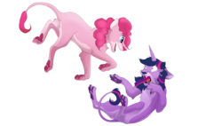 Size: 1715x975 | Tagged: safe, artist:muisstil, pinkie pie, twilight sparkle, big cat, lion, g4, claws, duo, fangs, horn, lioness, lionified, literal, open mouth, paw pads, paws, simple background, species swap, surprised, transparent background, underpaw, wide eyes