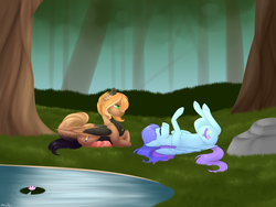 Size: 4000x3000 | Tagged: safe, artist:ohhoneybee, oc, oc only, oc:kyllian, pegasus, pony, female, forest, high res, mare, on back, pond, prone, tree