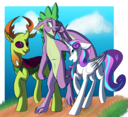 Size: 3024x2756 | Tagged: safe, artist:chub-wub, princess flurry heart, spike, thorax, alicorn, changedling, changeling, dragon, pony, g4, cute, female, flurrybetes, high res, king thorax, male, mare, older, one eye closed, spikabetes, thorabetes, winged spike, wings