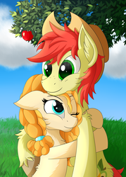 Size: 2000x2800 | Tagged: safe, artist:orangejuicerus, bright mac, pear butter, earth pony, pony, g4, the perfect pear, cowboy hat, cute, female, hat, high res, hug, male, pearabetes, ship:brightbutter, smiling, stetson, straight, tree
