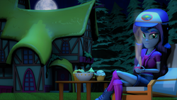 Size: 3840x2160 | Tagged: safe, artist:dj-chopin, princess luna, vice principal luna, equestria girls, g4, my little pony equestria girls: legend of everfree, 3d, clothes, cookie, cupcake, dessert, female, food, full moon, high res, moon, night, ponyville, shorts, solo, table
