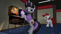 Size: 1920x1080 | Tagged: safe, artist:starhedgehog, oc, oc only, oc:magna-save, oc:tilt arcade, pony, unicorn, 3d, bipedal, bipedal leaning, female, leaning, looking at you, pinball, pinball machine, source filmmaker