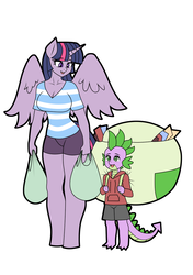 Size: 900x1277 | Tagged: safe, artist:franschesco, spike, twilight sparkle, alicorn, dragon, anthro, unguligrade anthro, g4, bag, best friends, breasts, busty twilight sparkle, carrying, cleavage, clothes, cute, duo, duo male and female, female, male, mare, shirt, simple background, size difference, smiling, spikabetes, twiabetes, twilight sparkle (alicorn), white background