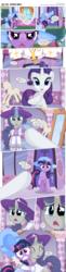 Size: 3300x13555 | Tagged: safe, artist:perfectblue97, rarity, twilight sparkle, oc, oc:silver jubilee, earth pony, pony, unicorn, comic:without magic, g4, absurd resolution, blank flank, carousel boutique, clothes, comic, cup, doorbell, earth pony twilight, glowing, glowing horn, horn, magic, mirror, teacup, telekinesis