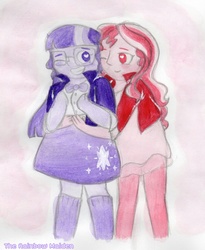 Size: 1377x1678 | Tagged: safe, artist:therainbowmaiden, sci-twi, sunset shimmer, twilight sparkle, equestria girls, g4, clothes, coat, cute, female, heart eyes, hug, lesbian, looking at each other, one eye closed, shimmerbetes, ship:sci-twishimmer, ship:sunsetsparkle, shipping, smiling, traditional art, wingding eyes