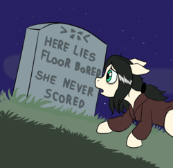 Size: 992x960 | Tagged: safe, artist:scraggleman, oc, oc only, oc:floor bored, earth pony, pony, beavis and butthead, clothes, gravestone, he never scored, hoodie, parody, rhyme, solo, stars
