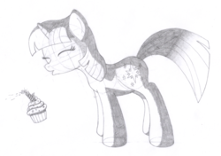 Size: 1712x1204 | Tagged: safe, artist:aafh, twilight sparkle, pony, unicorn, g4, candle, cupcake, eyes closed, female, food, grayscale, mare, monochrome, simple background, solo, traditional art, white background