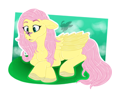 Size: 4512x3512 | Tagged: safe, artist:alexdiren, fluttershy, butterfly, pony, g4, butterfly on nose, colored hooves, cross-eyed, crossed hooves, female, floppy ears, folded wings, high res, insect on nose, looking at something, open mouth, prone, solo