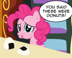 Size: 2768x2232 | Tagged: safe, artist:badumsquish, derpibooru exclusive, pinkie pie, pony, g4, 4kids, aweeg*, chubby cheeks, dialogue, disappointed, donut, eating, female, food, high res, humor, jelly filled donut, looking at you, meme, onigiri, pokémon, pure unfiltered evil, sad, show accurate, solo, take that, talking to viewer, you monster