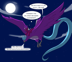 Size: 3000x2600 | Tagged: safe, artist:tfsubmissions, rarity, oc, oc:burning passion, articuno, bird, pony, unicorn, g4, birdified, chest fluff, cloud, dialogue, female, flying, full moon, high res, mare, moon, night, pokefied, pokémon, post-transformation, raricuno, smiling, species swap, speech bubble, speech change, spread wings, stars, thought bubble, transformation, transformed, wings