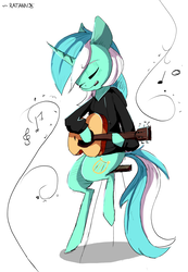 Size: 2121x3062 | Tagged: safe, artist:ratann, lyra heartstrings, pony, unicorn, g4, clothes, curved horn, dig the swell hoodie, eyes closed, female, guitar, high res, hoodie, horn, music notes, musical instrument, playing, simple background, sitting, solo, stool, white background