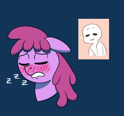 Size: 663x623 | Tagged: safe, artist:feralroku, derpibooru exclusive, berry punch, berryshine, earth pony, pony, g4, blue background, blushing, bust, drool, drunk, expression, eyes closed, female, floppy ears, open mouth, portrait, simple background, sleeping, solo, zzz
