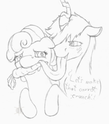 Size: 892x1016 | Tagged: safe, artist:perpendicular white, applejack, carrot top, golden harvest, queen chrysalis, pony, g4, carrot, disguise, fangs, female, food, freckles, impossibly long tongue, lesbian, long tongue, monochrome, scared, sketch, tongue out, tonguesalis