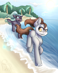 Size: 2000x2500 | Tagged: safe, artist:misfit, oc, oc only, oc:dia, oc:jaws, pony, beach, duo, friends, full body, fully shaded, high res, running, sunflare, water, watermark