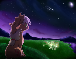 Size: 4500x3500 | Tagged: safe, artist:96paperkuts, applejack, bright mac, pear butter, pony, g4, the perfect pear, applejack's parents, cowboy hat, crying, feels, female, grass, hat, high res, male, moon, night, night sky, ship:brightbutter, shipping, shooting star, sitting, sky, smiling, stars, stetson, straight
