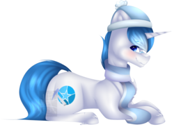 Size: 2247x1644 | Tagged: safe, artist:mauuwde, oc, oc only, oc:diamond star, pony, unicorn, bandaid, clothes, hat, looking back, male, prone, requested art, scarf, simple background, smiling, solo, stallion, transparent background, watermark, winter hat, winter outfit