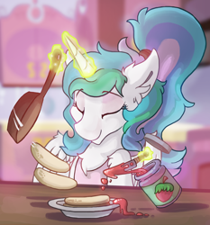 Size: 1890x2025 | Tagged: dead source, safe, artist:saxopi, princess celestia, alicorn, pony, g4, alternate hairstyle, apron, chest fluff, clothes, cooking, ear fluff, eyes closed, female, food, frying pan, jam, leg fluff, levitation, magic, morning ponies, pan, pancakes, ponytail, robe, smiling, solo, strawberry jam, telekinesis, wing fluff