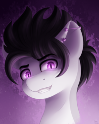 Size: 1600x2000 | Tagged: safe, artist:spirit-dude, oc, oc only, oc:ace spade, pony, ear piercing, fangs, glowing eyes, grin, looking at you, male, piercing, smiling, solo, stallion