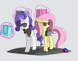 Size: 850x666 | Tagged: safe, artist:genericmlp, fluttershy, rarity, pony, g4, clothes, magic, scarf, shopping, shopping bag, sunglasses