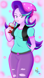 Size: 1836x3264 | Tagged: safe, artist:warriorg04, starlight glimmer, equestria girls, equestria girls specials, g4, my little pony equestria girls: mirror magic, abstract background, beanie, clothes, cup, cute, drinking, female, glimmerbetes, hat, looking at you, solo, torn clothes