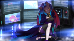 Size: 2345x1322 | Tagged: safe, artist:wildpaper, oc, oc only, oc:dawn sentry, oc:firetale, bat pony, anthro, clothes, cyberpunk, female, gloves, hacker, looking at you, monitor, shhh, smiling, solo