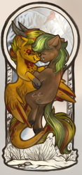 Size: 900x1916 | Tagged: safe, artist:segraece, oc, oc only, dracony, earth pony, hybrid, pony, commission, flying, hug, modern art, nouveau, winter