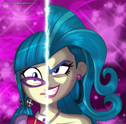 Size: 926x910 | Tagged: safe, artist:charliexe, juniper montage, equestria girls, equestria girls specials, g4, my little pony equestria girls: mirror magic, clothes, duality, ear piercing, earring, evil smile, female, glasses, grin, jewelry, juniper monstar, looking at you, piercing, pigtails, scared, self paradox, smiling, solo, split screen, two sides