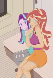 Size: 2370x3444 | Tagged: safe, artist:yuck, starlight glimmer, sunset shimmer, human, equestria girls, g4, clothes, colored pupils, female, high res, lesbian, ship:shimmerglimmer, shipping, sitting, skirt, sleeveless, smiling, smirk