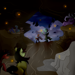 Size: 990x990 | Tagged: safe, artist:chromaflow, oc, oc only, oc:brim snow, dragon, firefly (insect), pony, bipedal, cave, night, rock