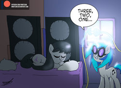 Size: 1024x745 | Tagged: safe, artist:ringteam, dj pon-3, octavia melody, vinyl scratch, earth pony, pony, unicorn, g4, bed, bedroom, cables, dialogue, glasses, morning, patreon, patreon logo, sleeping, speaker, this will end in deafness, this will end in divorce, this will end in pain, this will end in tears, this will not end well, window