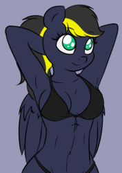 Size: 470x663 | Tagged: safe, artist:fluttadraw-nsfw, artist:fluttair, oc, oc only, oc:thunderdash, pegasus, anthro, anthro oc, armpits, bikini, breasts, clothes, female, ponytail, solo, swimsuit