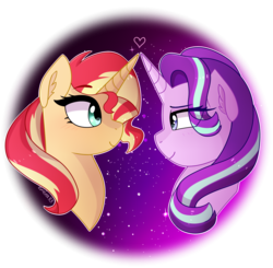 Size: 2055x2011 | Tagged: safe, artist:emera33, starlight glimmer, sunset shimmer, pony, unicorn, equestria girls specials, g4, mirror magic, bust, ear fluff, female, heart, high res, lesbian, looking at each other, mare, portrait, ship:shimmerglimmer, shipping, smiling