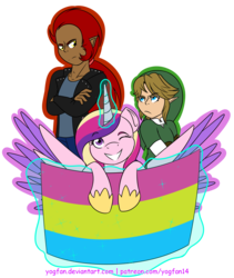 Size: 1450x1720 | Tagged: safe, artist:yogfan, princess cadance, alicorn, gerudo, hylian, pony, g4, cap, clothes, crossover, female, flag, ganondorf, glare, hat, jacket, lgbt, link, looking at each other, looking at you, male, mare, one eye closed, pansexual, pansexual pride flag, pride, pride flag, simple background, smiling, spread wings, the legend of zelda, transparent background, wings, wink