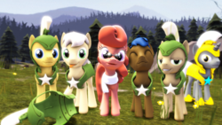 Size: 1920x1080 | Tagged: safe, artist:moorsheadfalling, caramel, oc, oc:goldenglow, oc:velvet oakwood, earth pony, pony, unicorn, g4, 3d, clothes, everfree duty, explicit source, glasses, group, group photo, military, royal guard, royal guard armor, scarf, source filmmaker