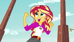 Size: 1280x720 | Tagged: safe, screencap, sunset shimmer, equestria girls, g4, my little pony equestria girls: legend of everfree, camp everfree outfits, clothes, embrace the magic, female, open mouth, pier, scenery, singing, solo