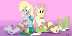 Size: 5438x2727 | Tagged: safe, anonymous artist, artist:chaoskomori, derpy hooves, fluttershy, equestria girls, g4, barefoot, blushing, bondage, boots, clothes, colored, duo, duo female, feather, feet, female, fetish, foot fetish, gradient background, high heel boots, high res, necktie, rope, rope bondage, shoes, skirt, socks, soles, tickle torture, tickling, tied up