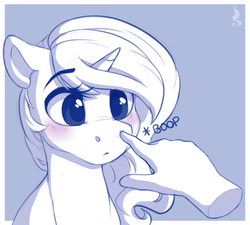 Size: 1000x900 | Tagged: safe, artist:silentwulv, princess luna, human, pony, g4, blushing, boop, cute, disembodied hand, duo, female, hand, lunabetes, mare, monochrome, offscreen character