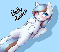 Size: 2400x2100 | Tagged: safe, artist:captainpudgemuffin, oc, oc only, oc:waffles, pegasus, pony, belly, bellyrub request, bellyrubs, blushing, bronybait, captainpudgemuffin is trying to murder us, chest fluff, cute, ear fluff, female, floppy ears, high res, leg fluff, looking at you, mare, ocbetes, on back, smiling, wing fluff, wings