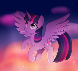 Size: 2840x2603 | Tagged: safe, artist:emera33, twilight sparkle, alicorn, pony, g4, cloud, cute, female, flying, high res, mare, sky, smiling, solo, twiabetes, twilight (astronomy), twilight at twilight, twilight sparkle (alicorn)