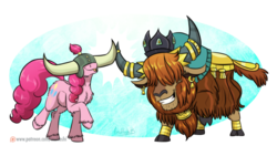 Size: 899x508 | Tagged: safe, artist:inuhoshi-to-darkpen, pinkie pie, prince rutherford, earth pony, pony, yak, not asking for trouble, cloven hooves, crown, cute, diapinkes, duo, ear piercing, earring, female, helmet, honorary yak horns, horn ring, hornbump, horned helmet, jewelry, male, mare, piercing, raised hoof, regalia, simple background, smiling, tongue out, transparent background, unshorn fetlocks, viking helmet