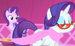 Size: 949x590 | Tagged: safe, screencap, rarity, starlight glimmer, pony, unicorn, g4, no second prances, duo, duo female, eyes closed, female, glasses, mare