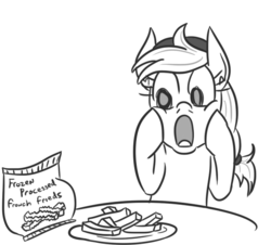 Size: 576x521 | Tagged: safe, artist:edvard munch, artist:jargon scott, oc, oc only, oc:tater trot, pony, 4chan, drawthread, food, french fries, frozen food, funny, monochrome, op is a duck, op is trying to start shit, simple background, solo, the scream, what has science done